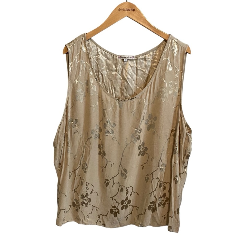 Spencer Alexis Champagne Gold Floral Satin Shell Tank Sleeveless Top Size 3X